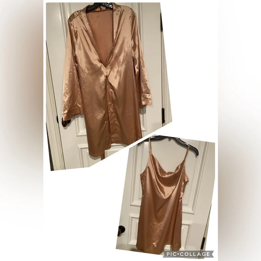 Wrap Tie Satin Robe & Matching Cowl Neck Short Gown/Dress - Desert Coral